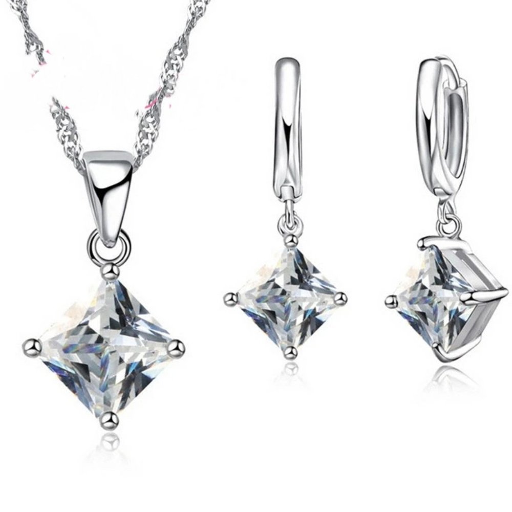 4Pc Princess Diamond Set Pendant, Earrings & 18" Chain 925 Sterling Silver - Picture 2 of 5